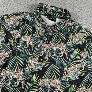 Bad‎ Birdie Men's Polo Shirt Medium Black Green Leopard Print Polyester